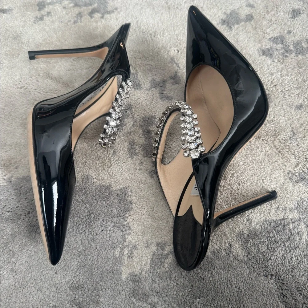 Jimmy Choo Bing 100 Black Patent Pumps Mules Heels w/ Crystal Strap 38.5 - Picture 2 of 11